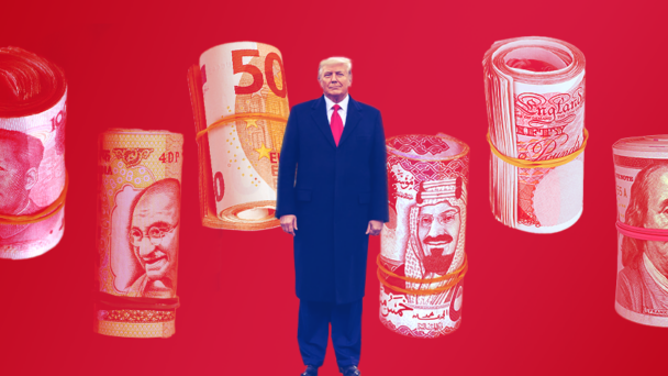 Trump in front of rolls of foreign cash