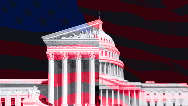 Supreme Court and Congress overlayed with American flag